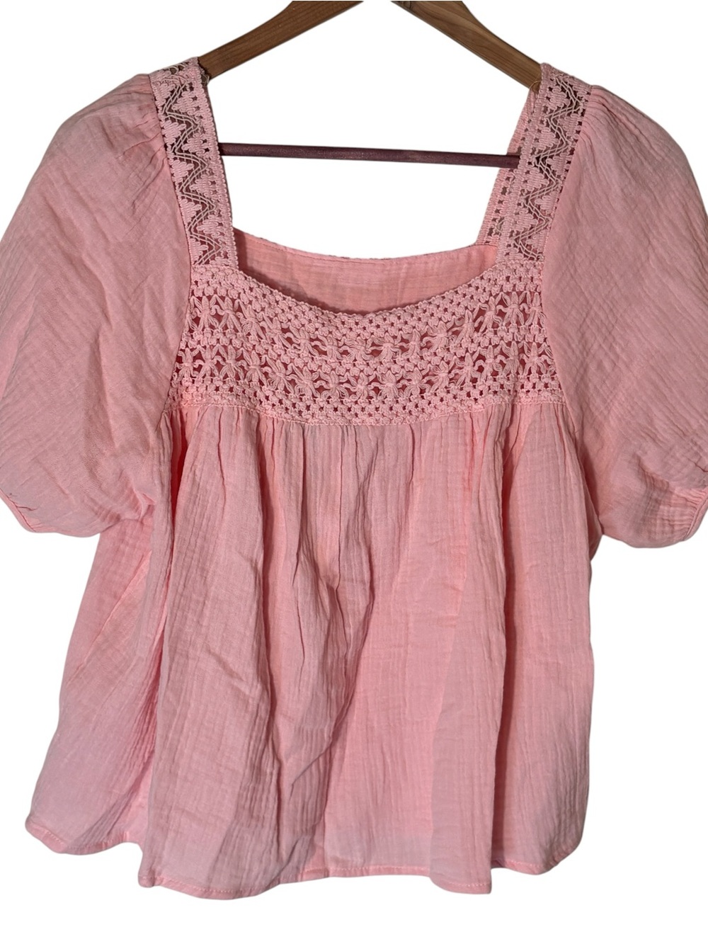 HYFVE Pink Gauze Blouse Lace Trim Puff Sleeve Cottagecore Top Medium - Picture 5 of 6
